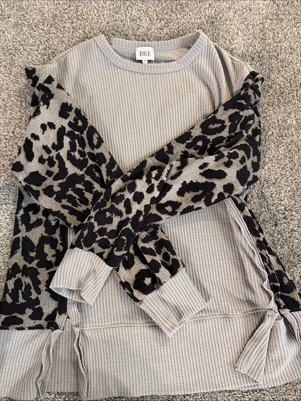 BKE Taupe Waffle Knit Top with Black Leopard Sleeves